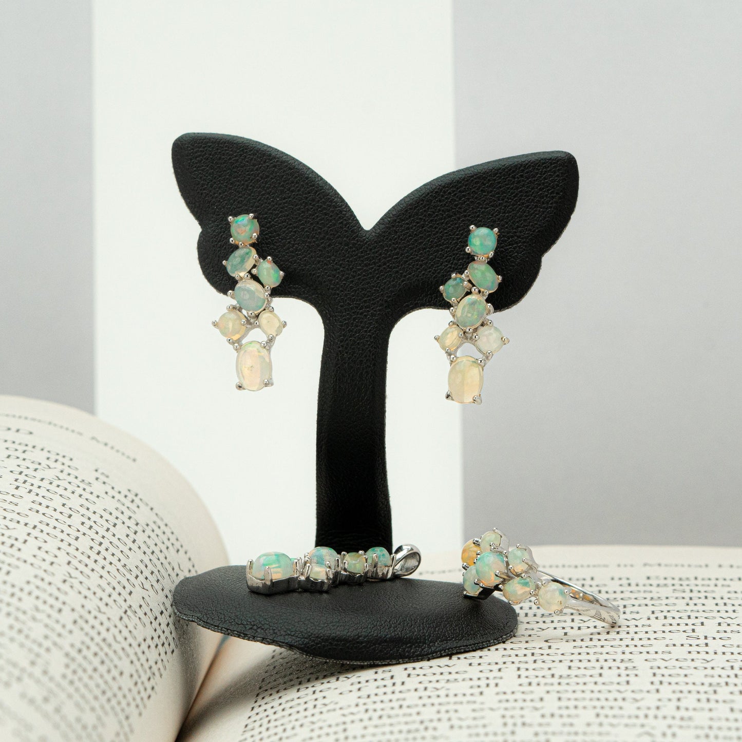 925 Sterling Silver Opal Ring, Cocktail Jewelry, Opal Birthstone Jewelry Gift Set for Her