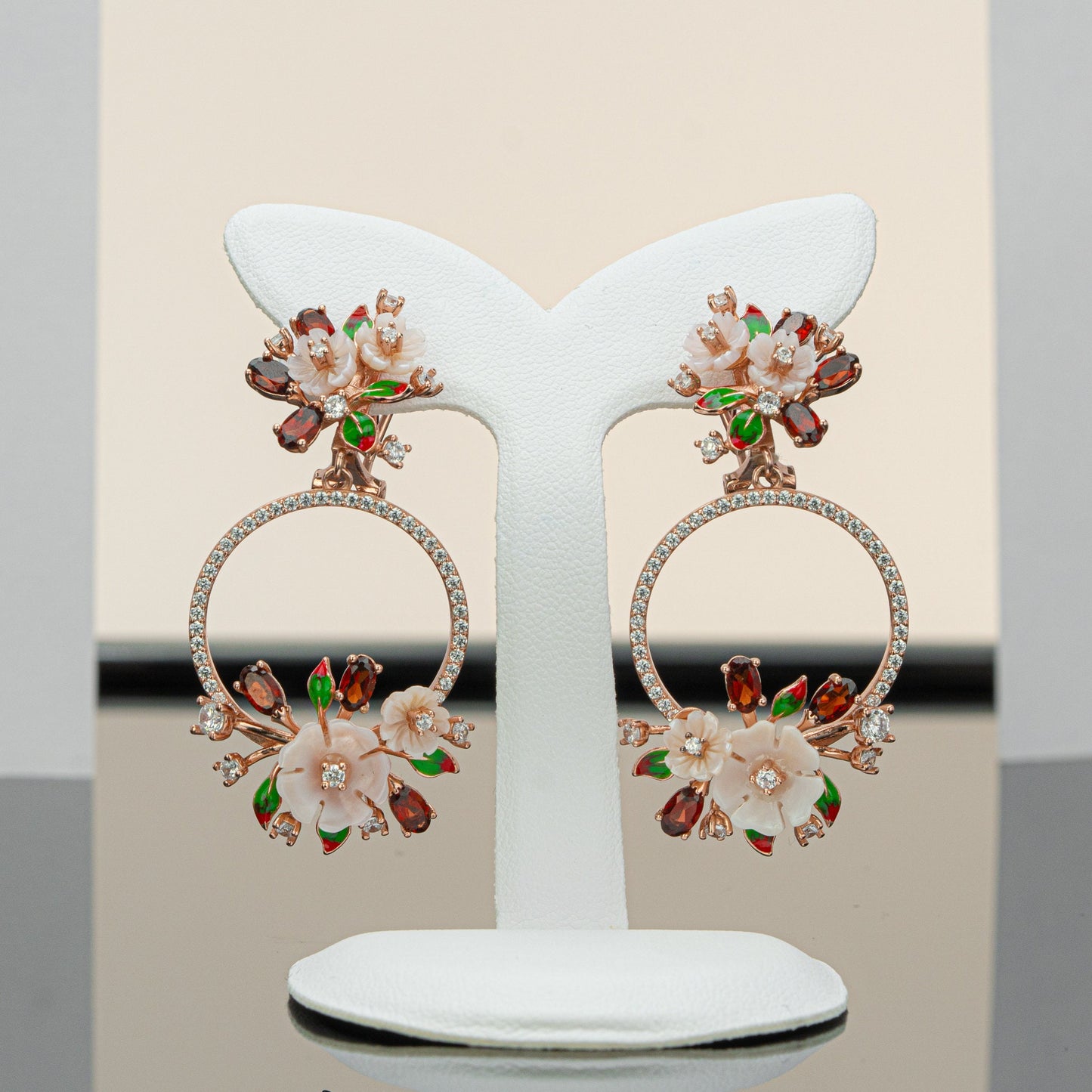 Rose Gold Floral Hoop Earrings with Amethyst and Opal - Handcrafted, Unique Statement Jewelry for Her
