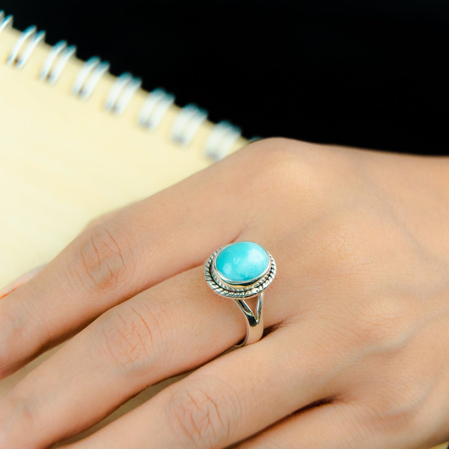 Vintage round Larimar stone Sterling Silver 925 Ring, Vintage Sterling Silver Larimar Cabochon Statement Ring