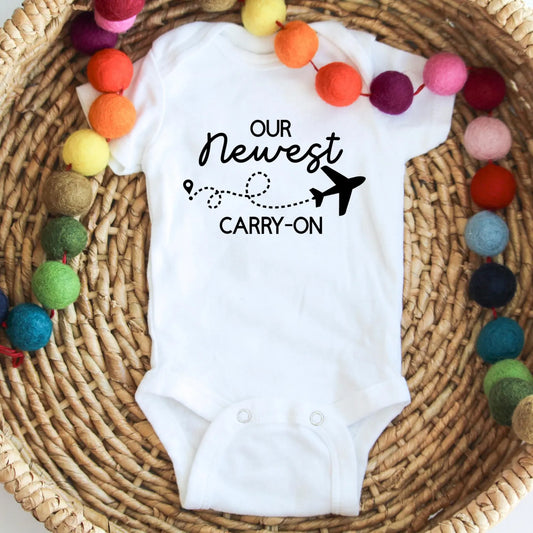Our Newest Carry On Baby Onesie, Travel Baby Outfit, Newborn Announcement, Baby Shower Gift, Cute Baby Bodysuit, Trendy Baby Clothes