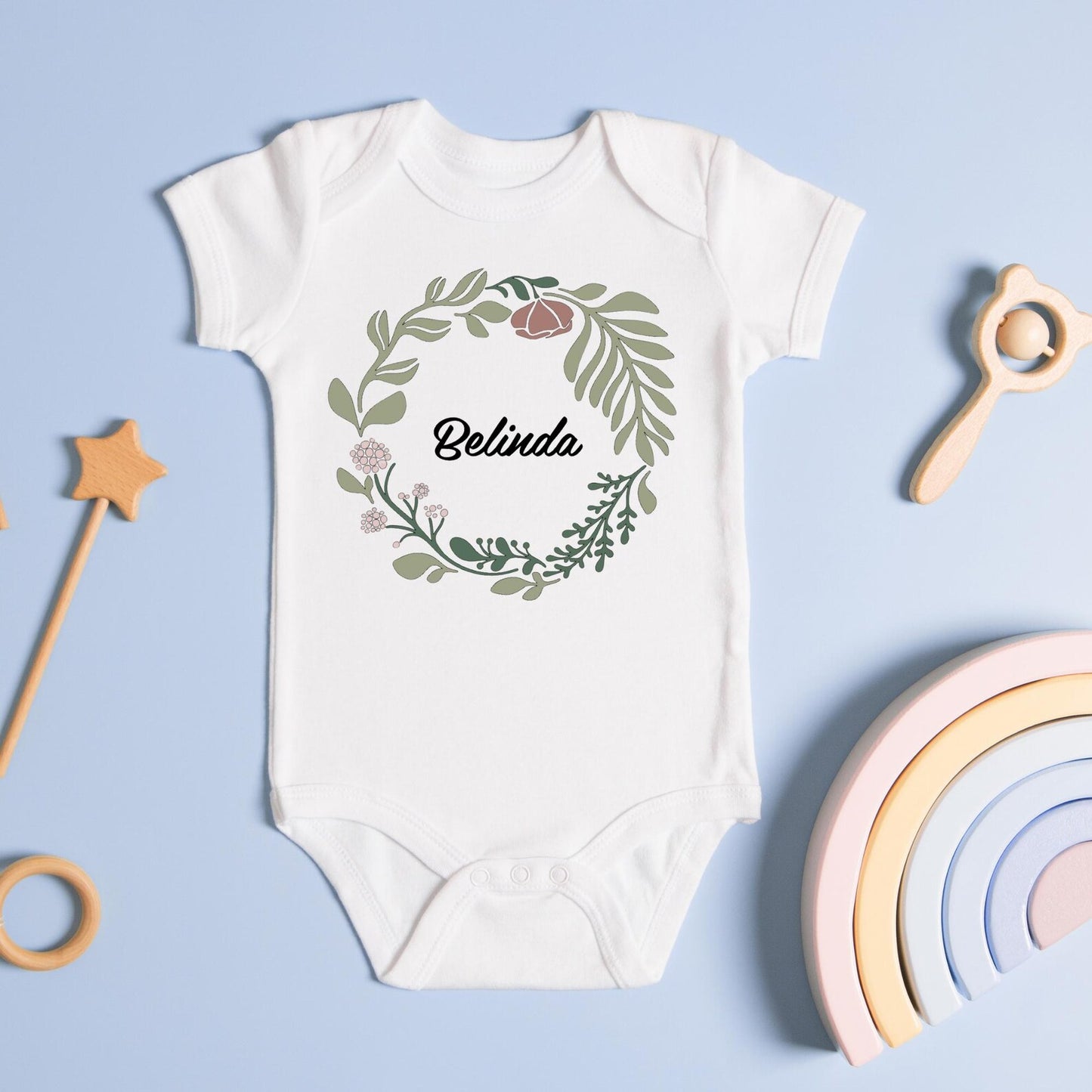Personalized Baby Name Onesie, Custom Floral Wreath Bodysuit, Baby Shower Gift, Newborn Outfit, Cute Baby Clothes, Custom Baby Romper