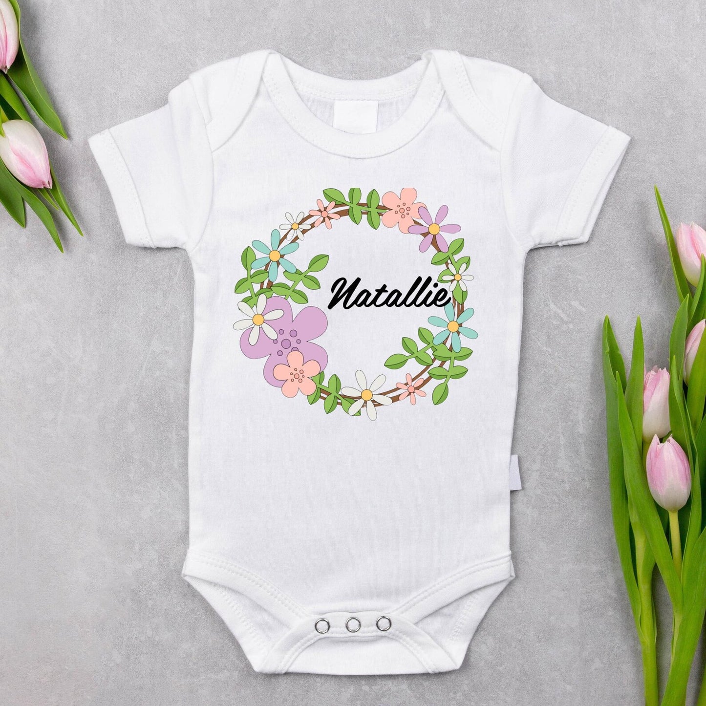 Personalized Baby Name Onesie, Custom Floral Wreath Bodysuit, Baby Shower Gift, Newborn Outfit, Cute Baby Clothes, Custom Baby Romper