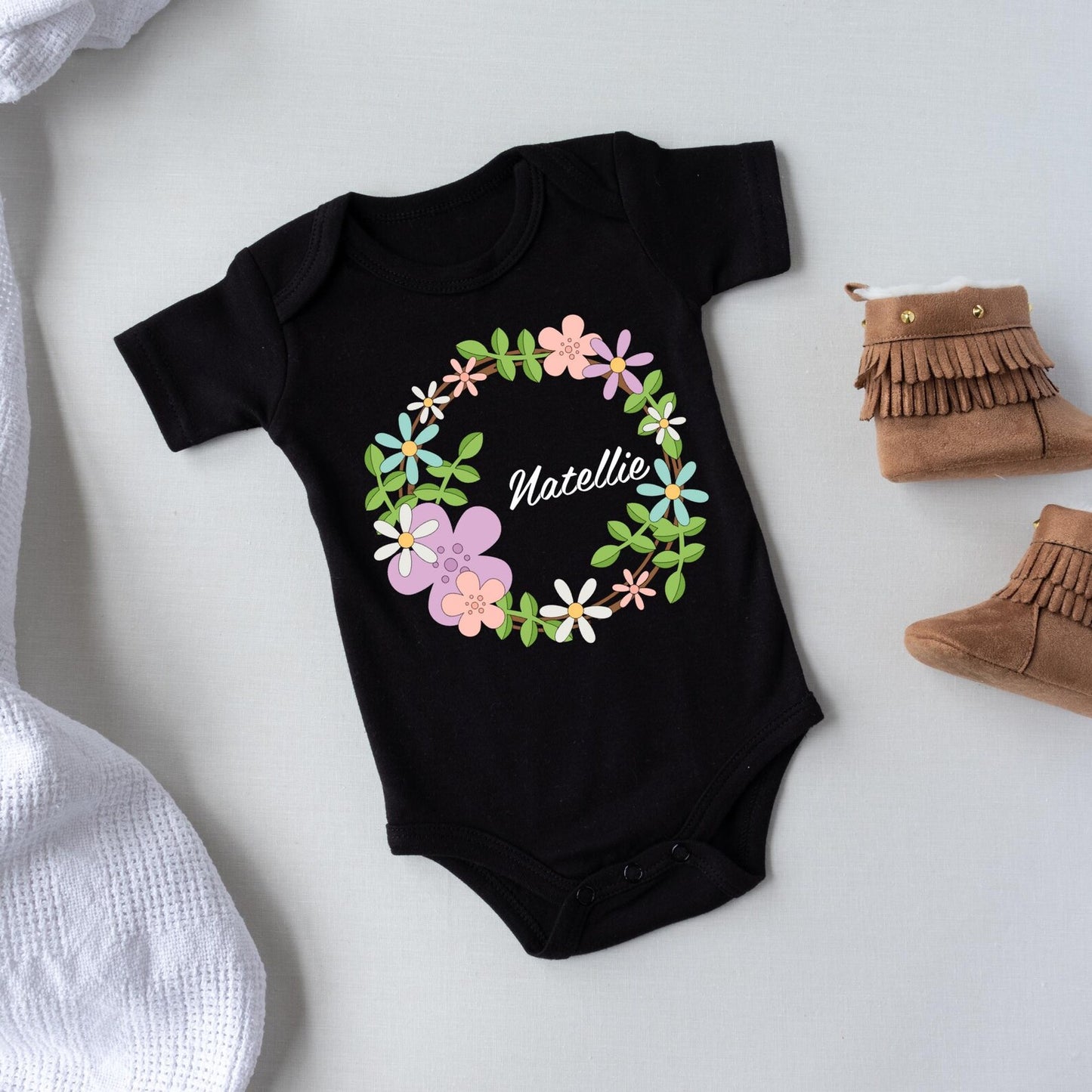 Personalized Baby Name Onesie, Custom Floral Wreath Bodysuit, Baby Shower Gift, Newborn Outfit, Cute Baby Clothes, Custom Baby Romper
