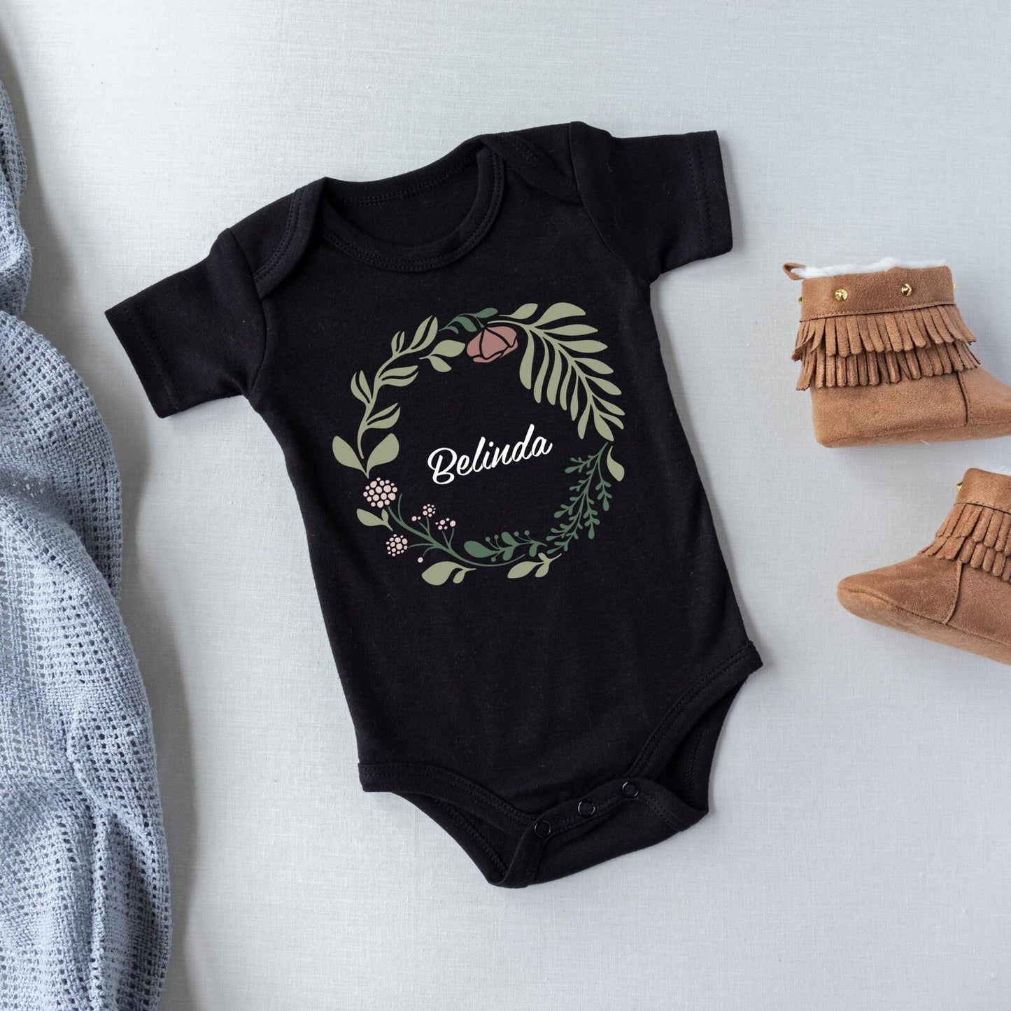 Personalized Baby Name Onesie, Custom Floral Wreath Bodysuit, Baby Shower Gift, Newborn Outfit, Cute Baby Clothes, Custom Baby Romper