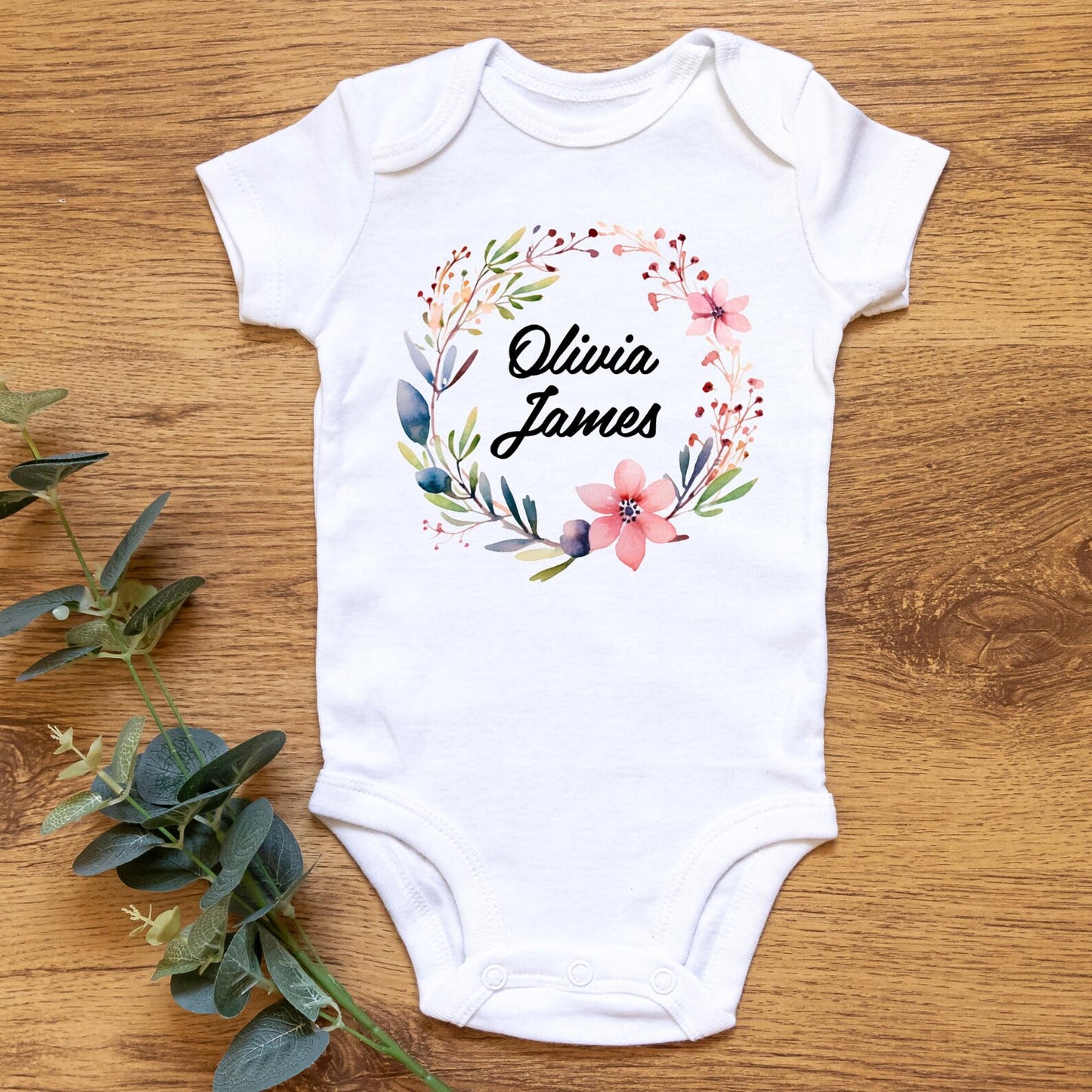 Personalized Baby Name Onesie, Custom Floral Wreath Bodysuit, Baby Shower Gift, Newborn Outfit, Cute Baby Clothes, Custom Baby Romper