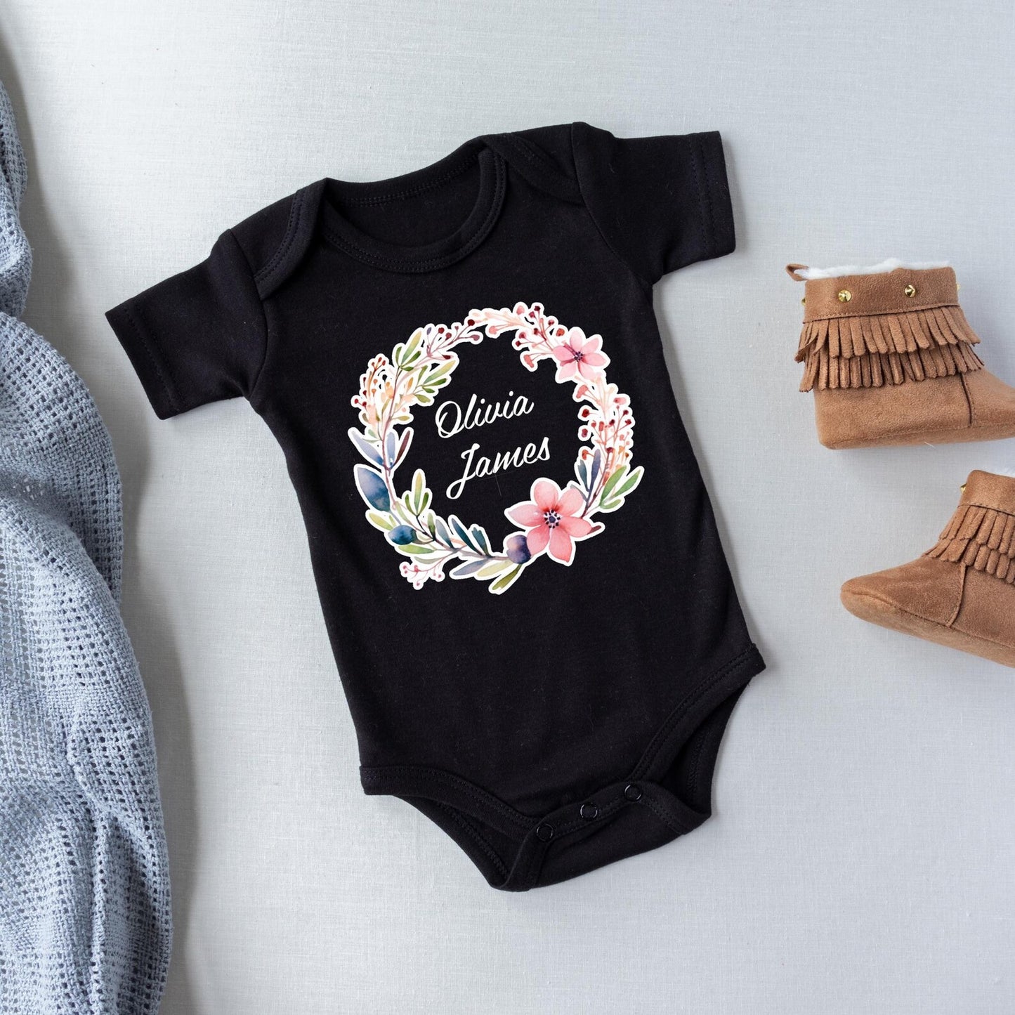Personalized Baby Name Onesie, Custom Floral Wreath Bodysuit, Baby Shower Gift, Newborn Outfit, Cute Baby Clothes, Custom Baby Romper