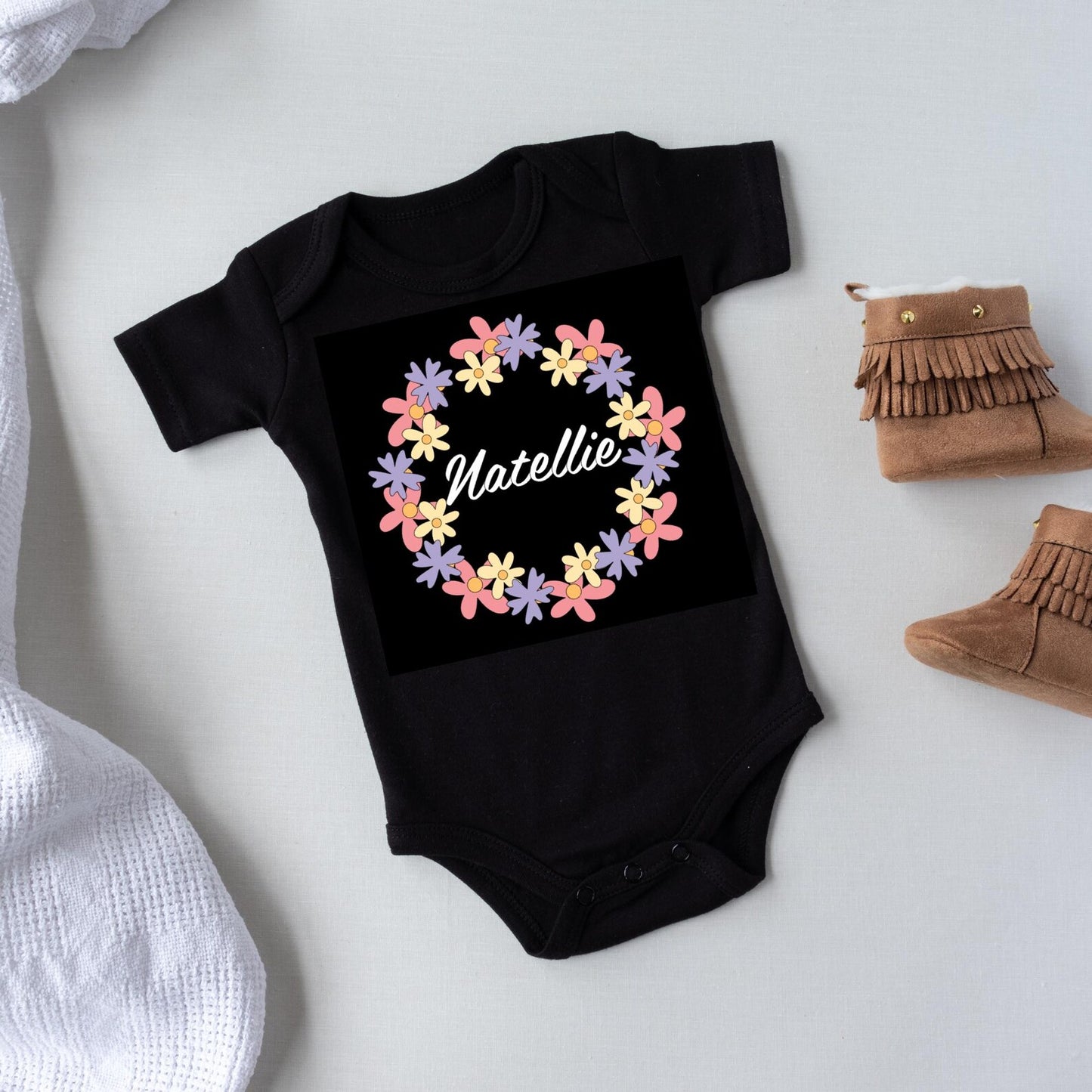 Personalized Baby Name Onesie, Custom Floral Wreath Bodysuit, Baby Shower Gift, Newborn Outfit, Cute Baby Clothes, Custom Baby Romper