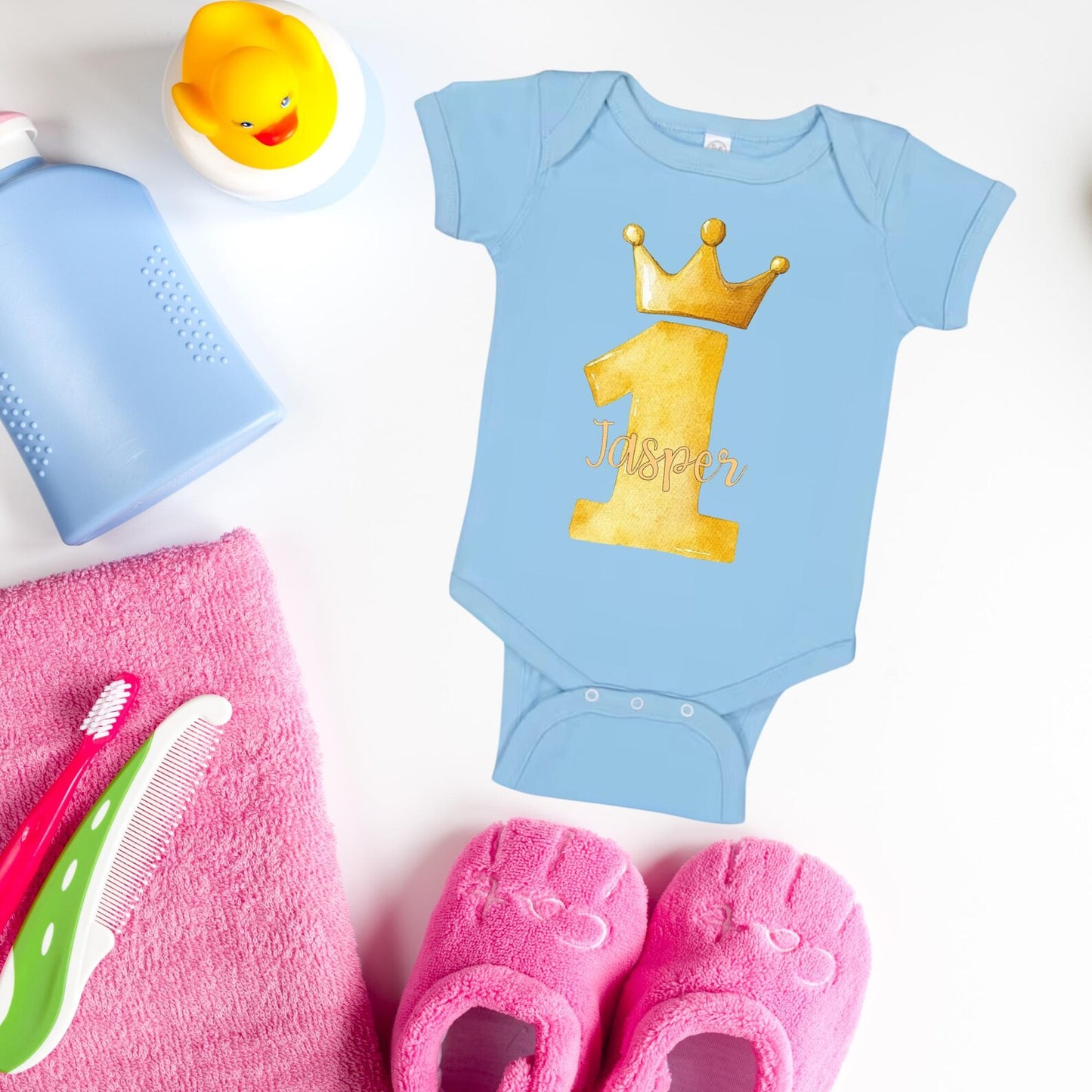 First Birthday Outfit, Personalized Name Onesie, Custom Name Bodysuit, Pink or Gold Crown Onesie, Princess or Prince Birthday