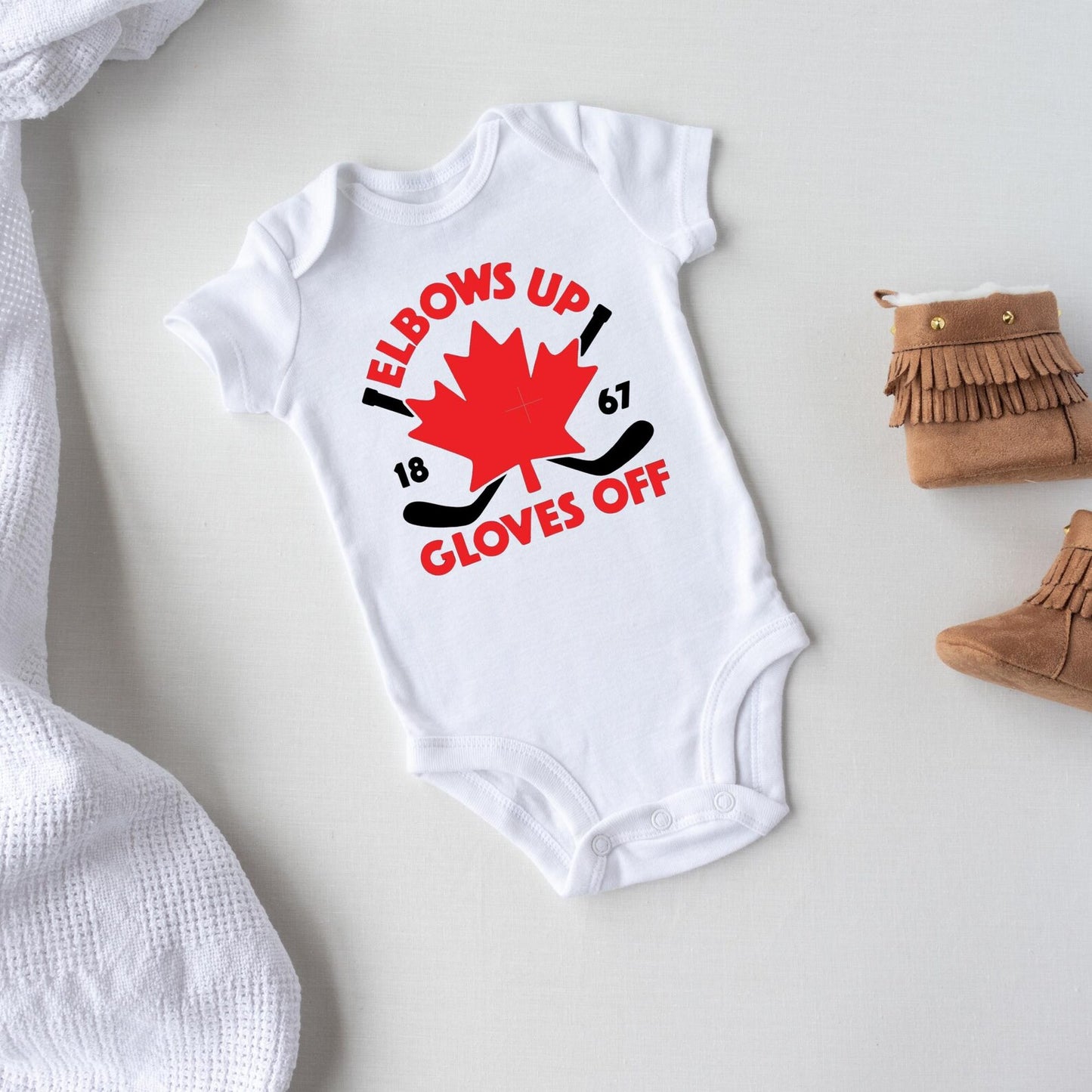 Hockey Baby Onesie, Elbows Up Gloves Off, Funny Canadian Baby Bodysuit, Ice Hockey Baby Outfit, Canada Hockey Shirt, Baby Shower Gift