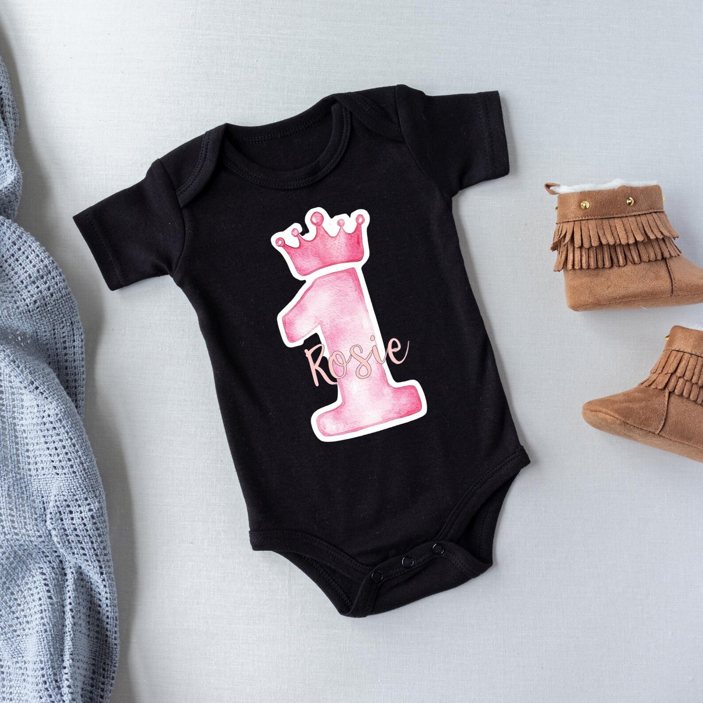 First Birthday Outfit, Personalized Name Onesie, Custom Name Bodysuit, Pink or Gold Crown Onesie, Princess or Prince Birthday