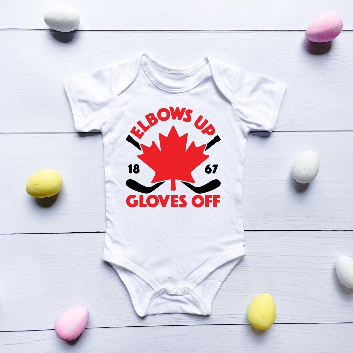 Hockey Baby Onesie, Elbows Up Gloves Off, Funny Canadian Baby Bodysuit, Ice Hockey Baby Outfit, Canada Hockey Shirt, Baby Shower Gift