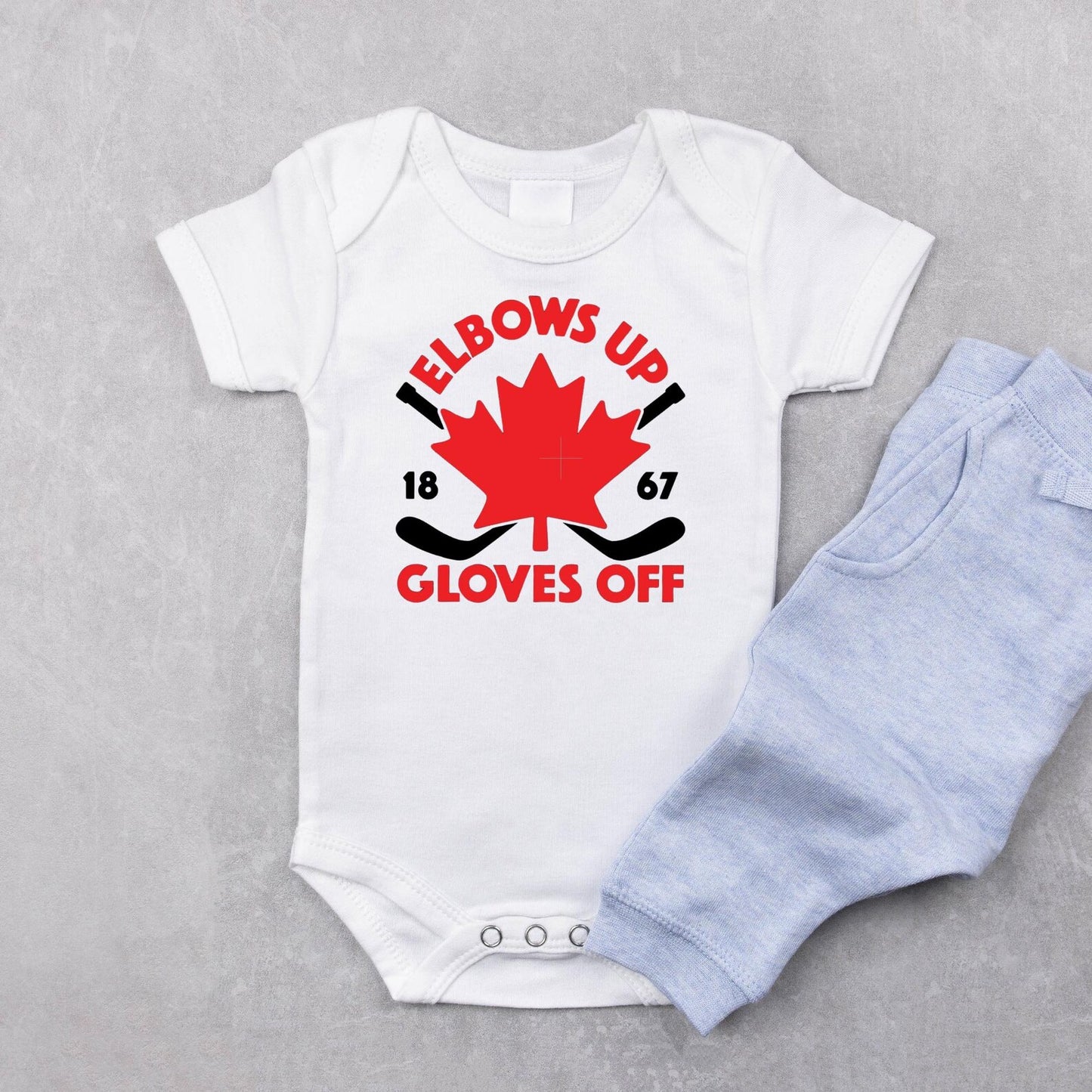 Hockey Baby Onesie, Elbows Up Gloves Off, Funny Canadian Baby Bodysuit, Ice Hockey Baby Outfit, Canada Hockey Shirt, Baby Shower Gift