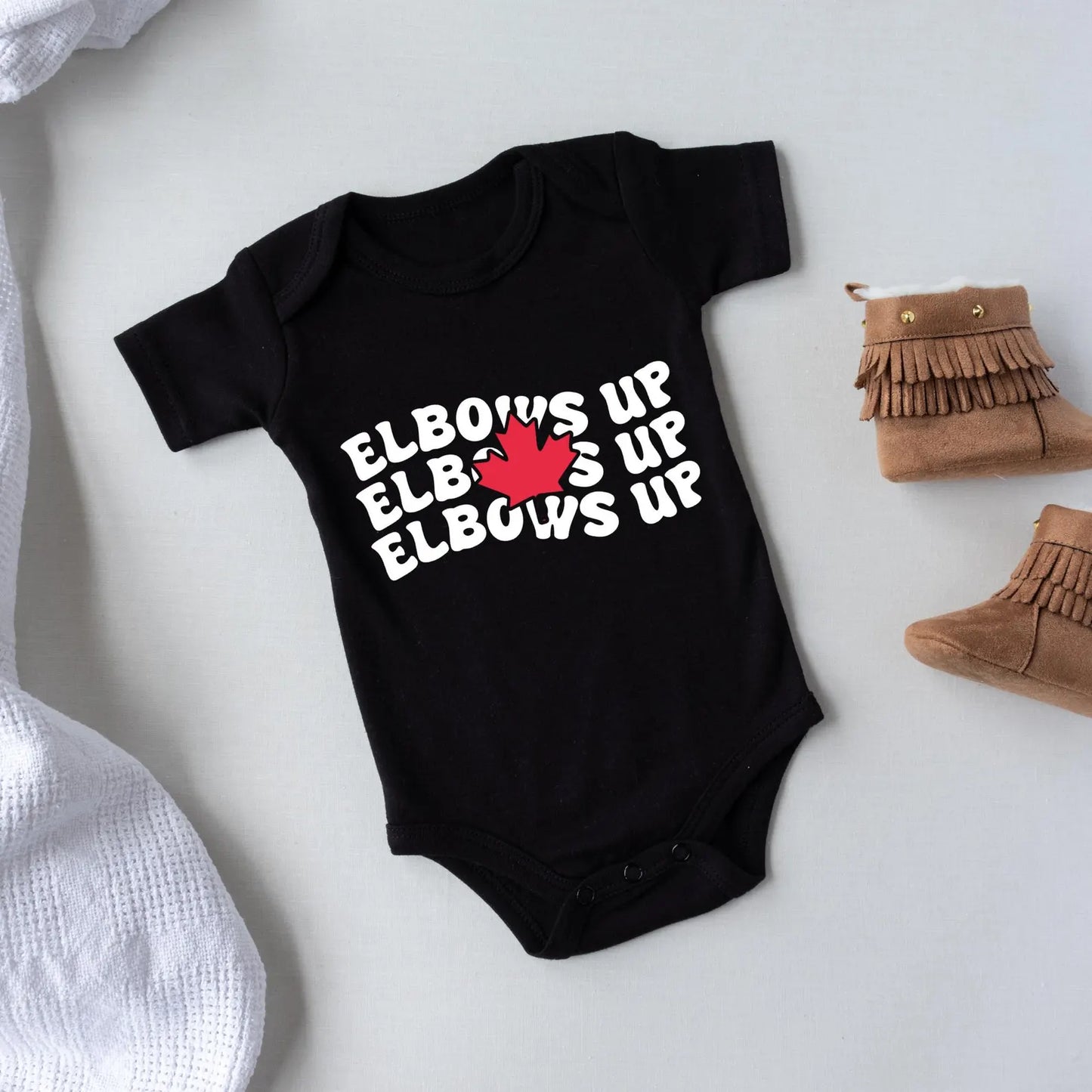 Baby Onesie, Canadian Hockey Baby Bodysuit, Elbows Up Shirt, Funny Baby Outfit, Ice Hockey Baby Gift, Maple Leaf Baby Clothes