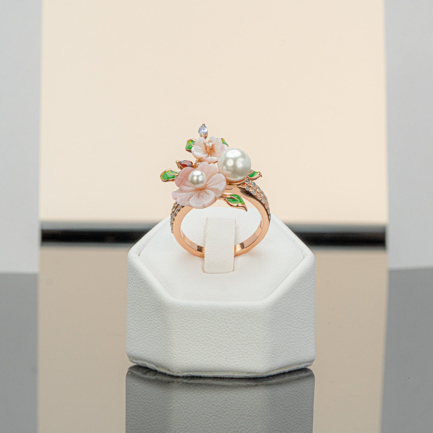 Mother of Pearl Ring, Floral Ring with Gemstones June Birthstone Jewelry, Gemstone Jewelry Gift