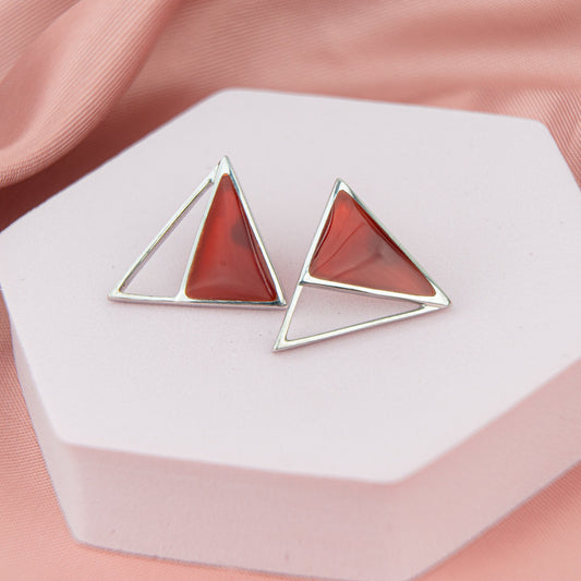 Triangle Stud Earrings in Sterling Silver with Red Agate, Geometric Triangle Stud Earrings, Gift for her, Bridesmaid Gift