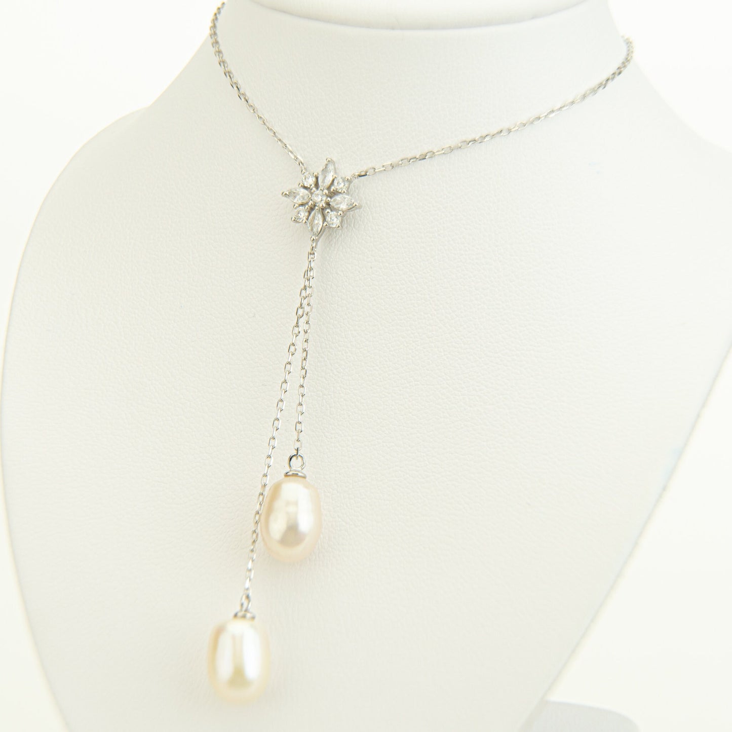 Pearl Necklace, Lariat Necklace, Horseshoe Pearl Necklace, Pearl Drop Necklace, CZ Flower Necklace, Bridal Necklace, Wedding Necklace