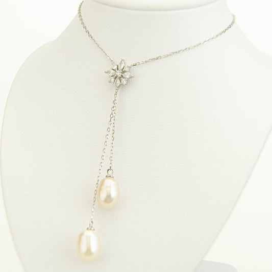 Pearl Necklace, Lariat Necklace, Horseshoe Pearl Necklace, Pearl Drop Necklace, CZ Flower Necklace, Bridal Necklace, Wedding Necklace