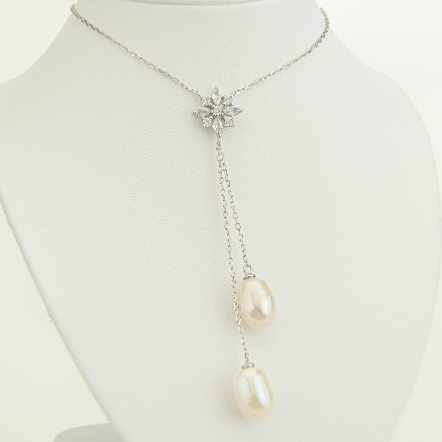 Pearl Necklace, Lariat Necklace, Horseshoe Pearl Necklace, Pearl Drop Necklace, CZ Flower Necklace, Bridal Necklace, Wedding Necklace