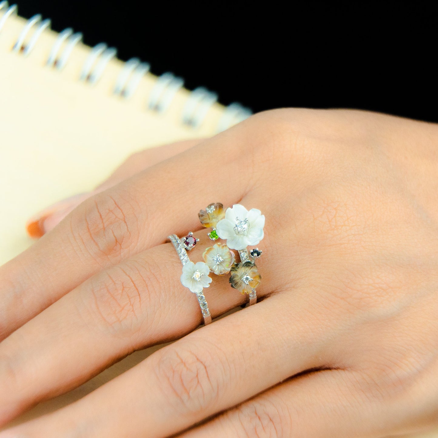 Mother of Pearl Flowers Double band ring, Minimalist ring, Stacking ring, , Two Band Ring / Stackable Ring / 925 Silver/ Gold Plated