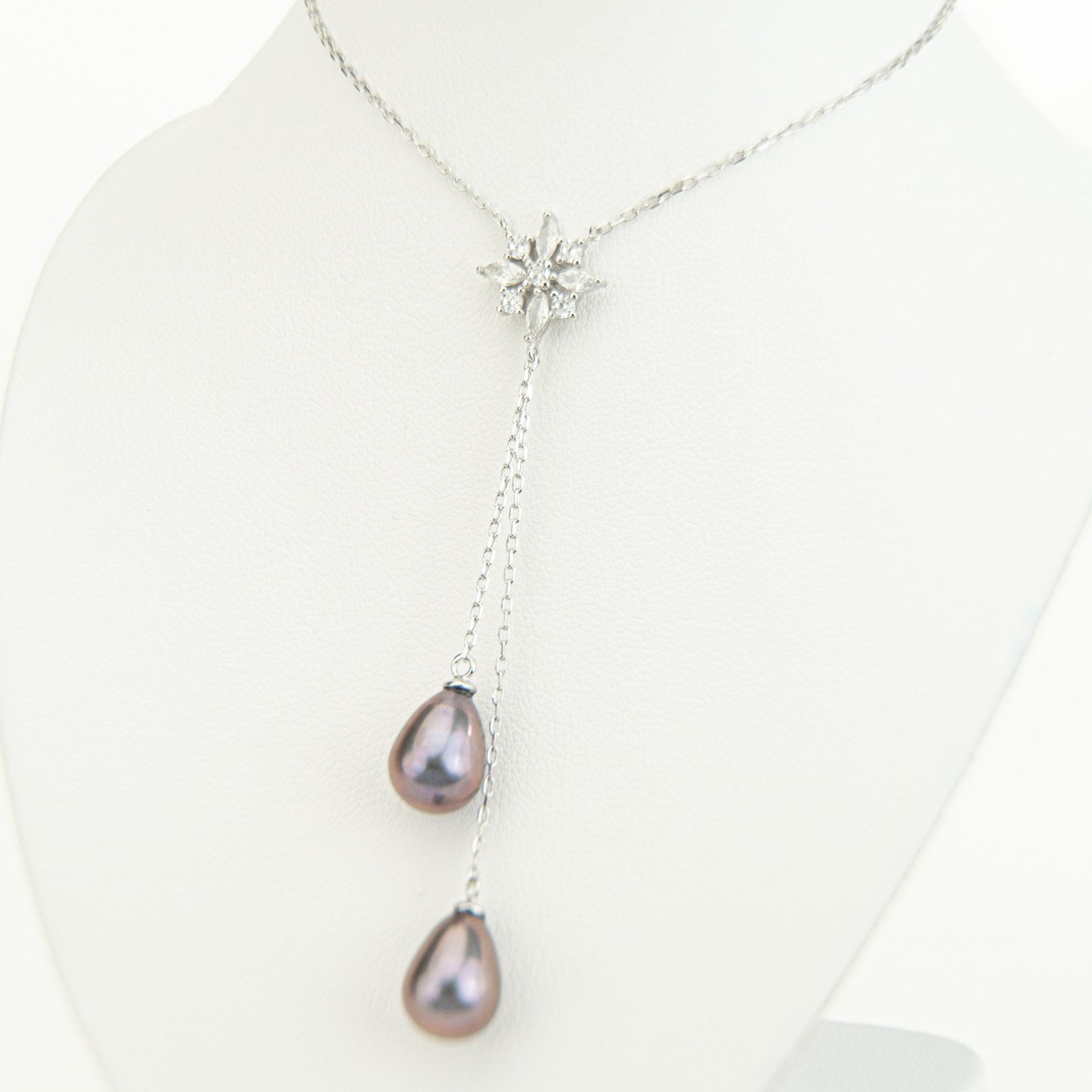 Pearl Necklace, Lariat Necklace, Horseshoe Pearl Necklace, Pearl Drop Necklace, CZ Flower Necklace, Bridal Necklace, Wedding Necklace