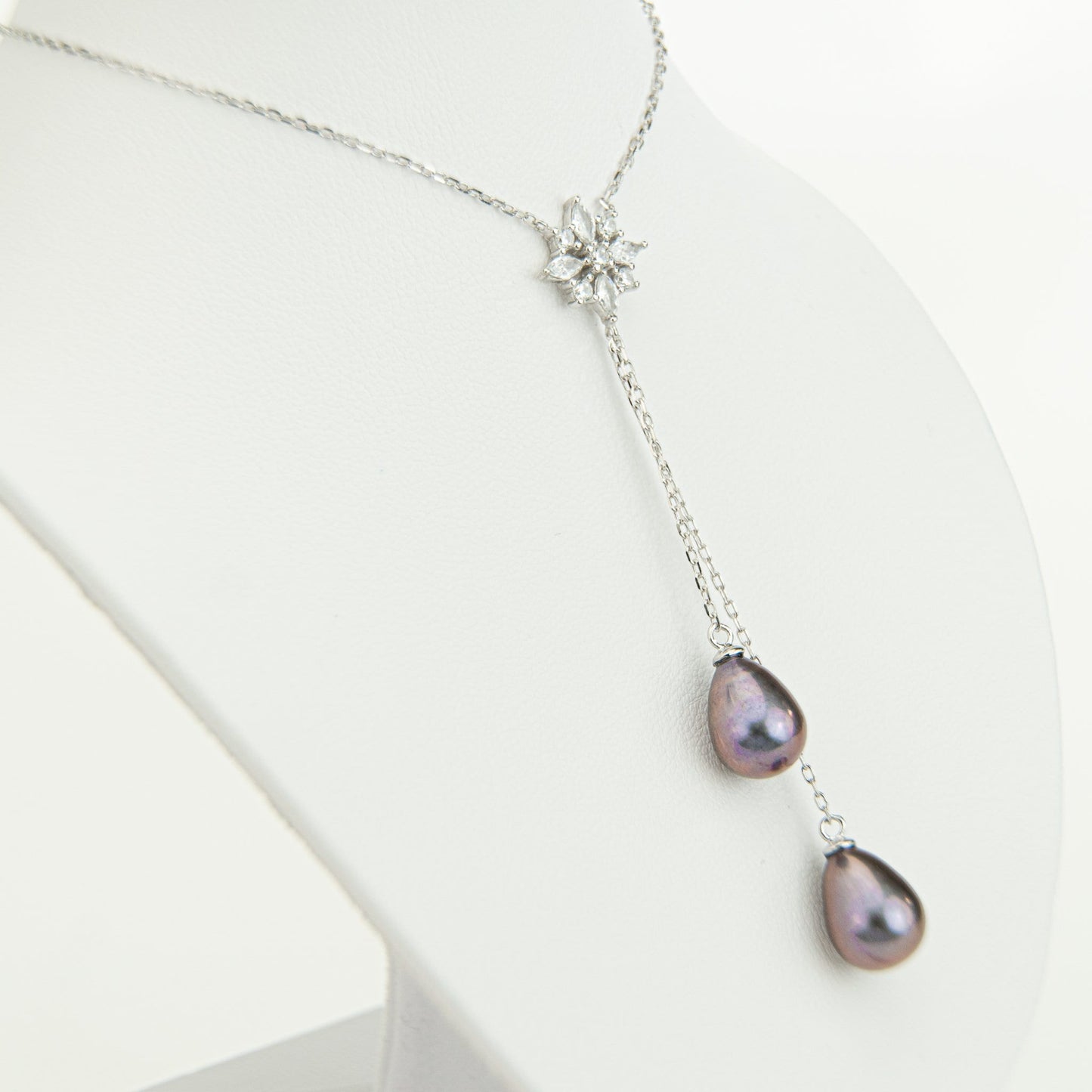 Pearl Necklace, Lariat Necklace, Horseshoe Pearl Necklace, Pearl Drop Necklace, CZ Flower Necklace, Bridal Necklace, Wedding Necklace