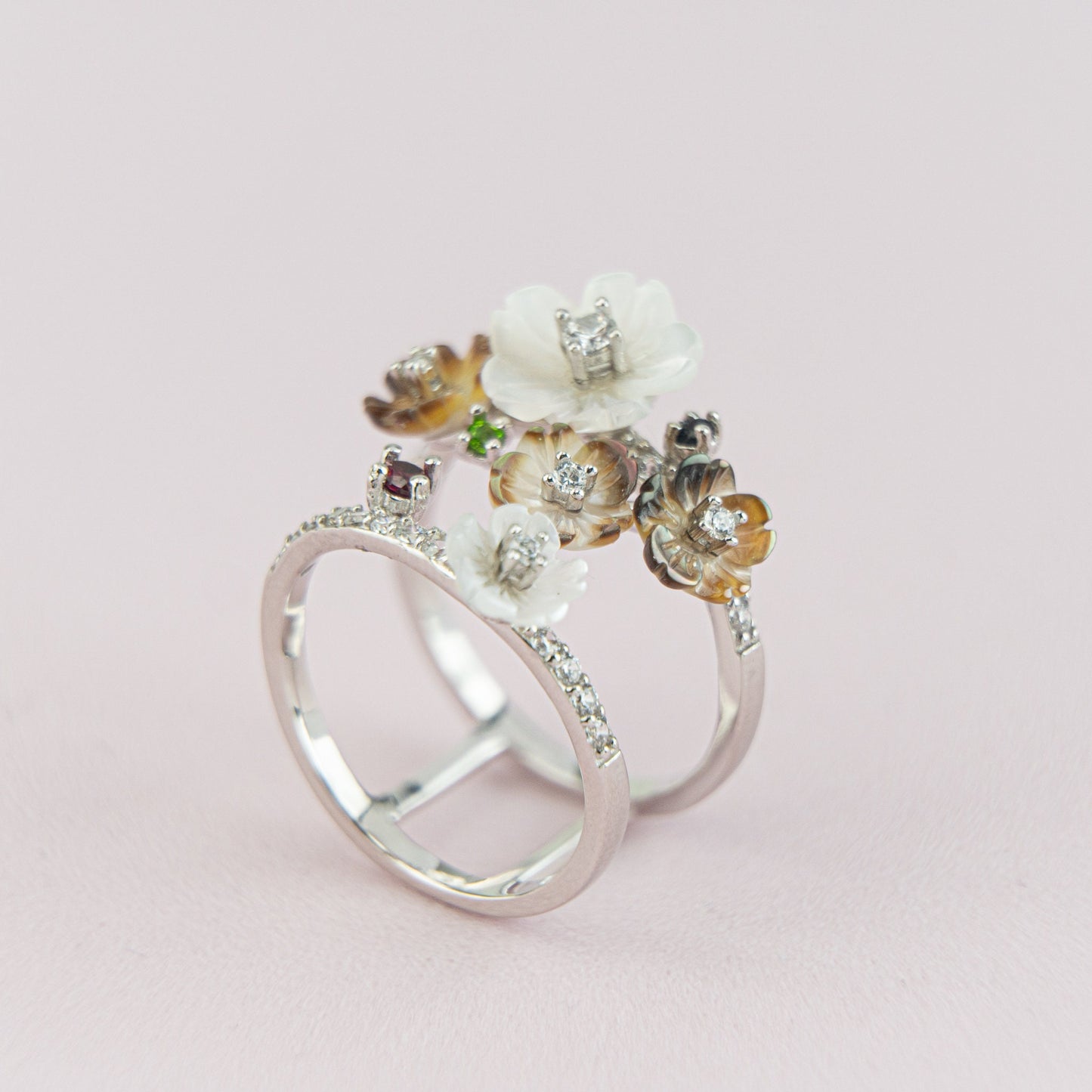 Mother of Pearl Flowers Double band ring, Minimalist ring, Stacking ring, , Two Band Ring / Stackable Ring / 925 Silver/ Gold Plated