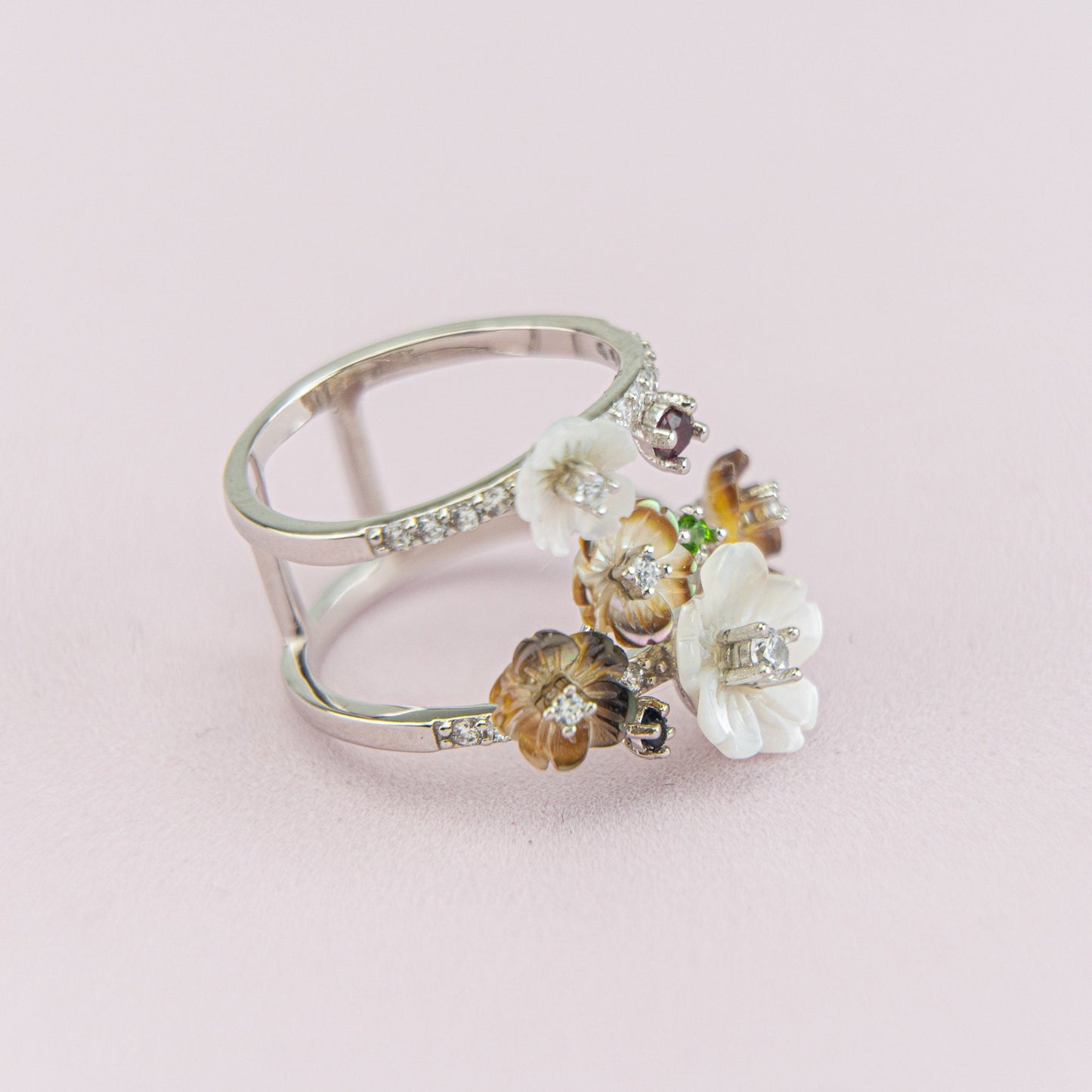 Mother of Pearl Flowers Double band ring, Minimalist ring, Stacking ring, , Two Band Ring / Stackable Ring / 925 Silver/ Gold Plated